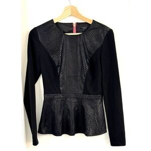 Guess Long Sleeve Full Back Zip Top w/Faux Leather in Peplum Fit Black EUC Sz S